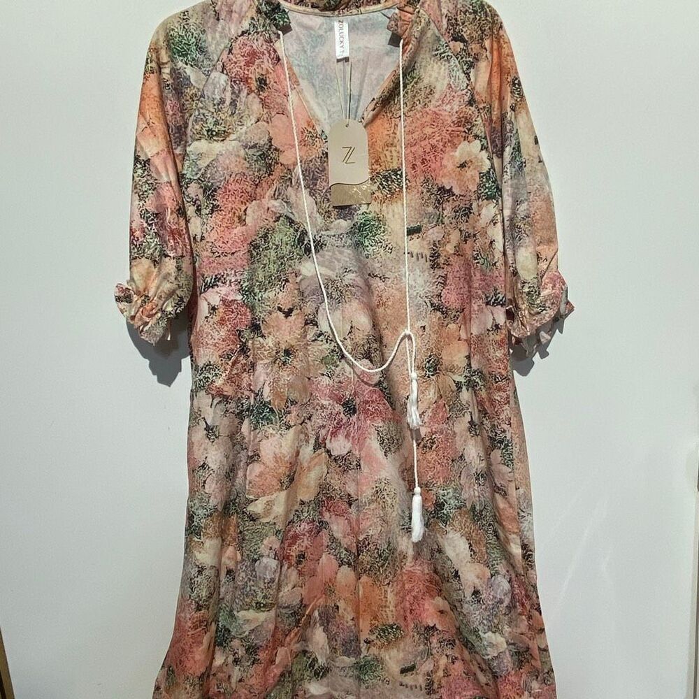 Zolucky Women's Multicolor Floral Puff Sleeve Ruffle Tassel Maxi Dress Small NWT